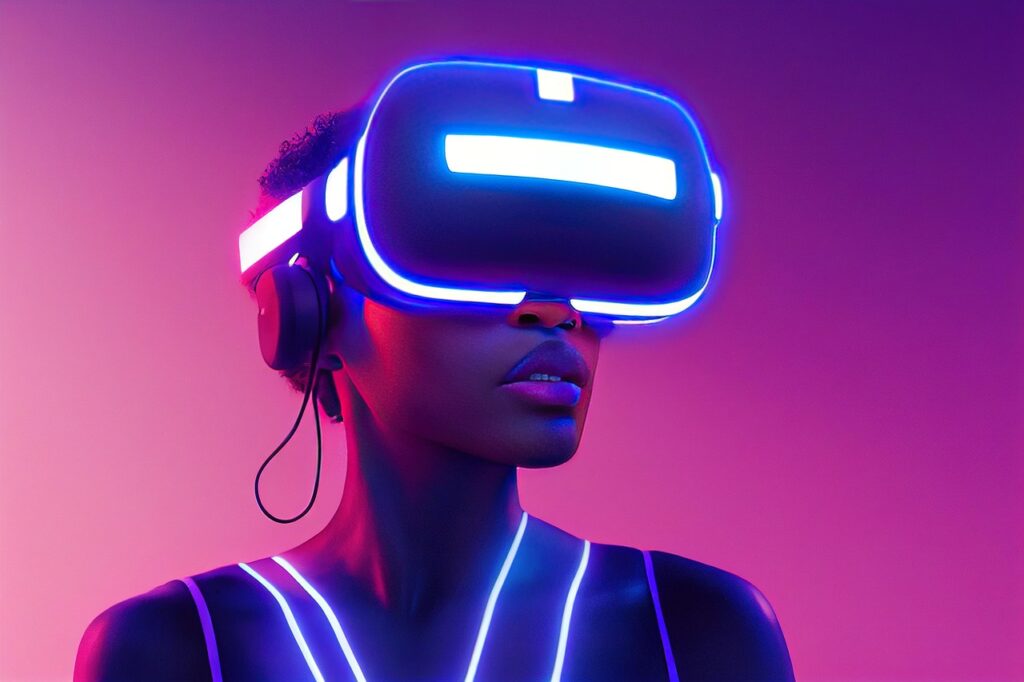 xr, mr, mixed reality, virtual reality, augmented reality, african american, female, metaverse, woman, lady, girl, black, america, pink, purple, blue, neon, lighting
